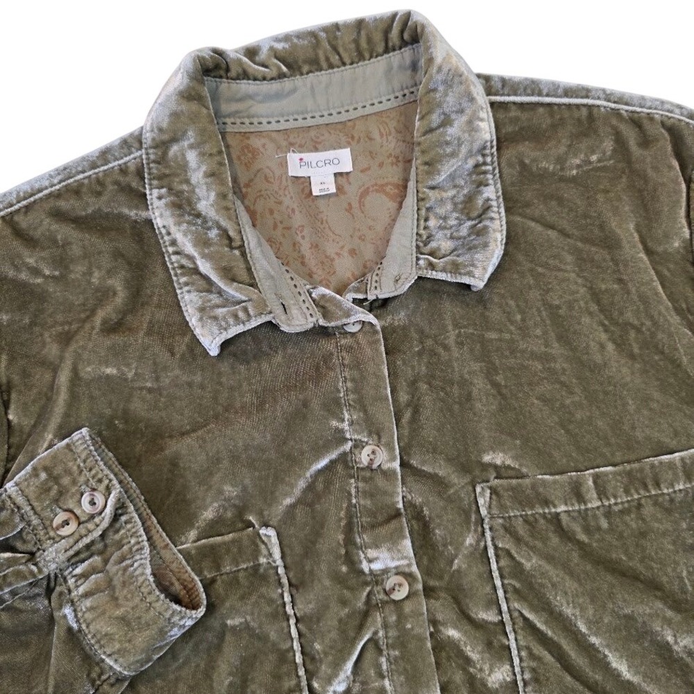 Pilcro Anthropologie XL Hadley Crushed Velvet Button Down Shirt Moss Green